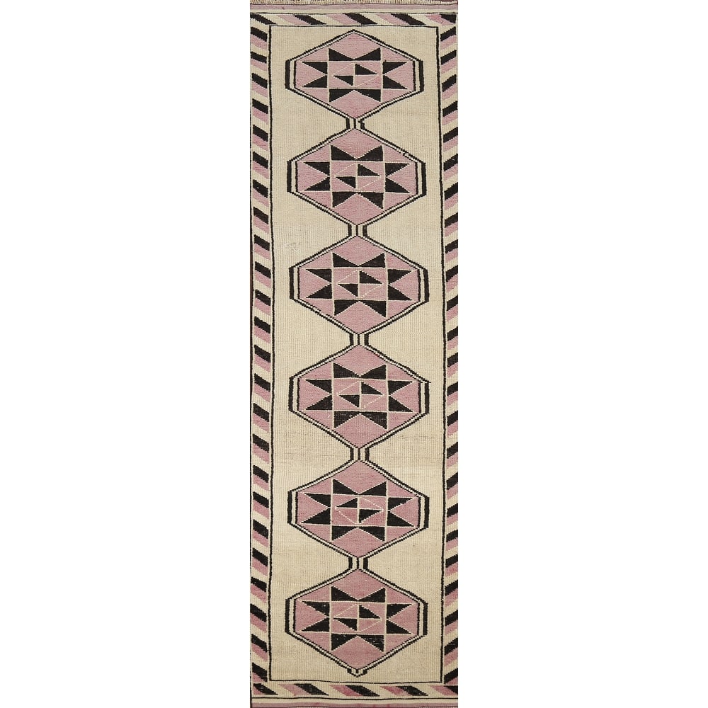 Geometric Anatolian Vintage Runner Rug Foyer Handmade Wool Carpet - 2'11"x 11'7"