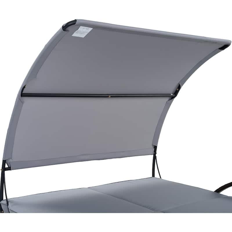 Outdoor Steel Frame Sun Lounger with Adjustable Backrest,Patio Double Sunbed with Hidden Side Table and Arched Armrests