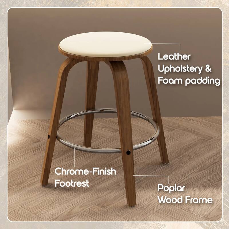 Pelya Leather Swivel Round Counter Stool with Wood Legs and Chrome Footrest for Kitchen Island or Dining Area Set of 2