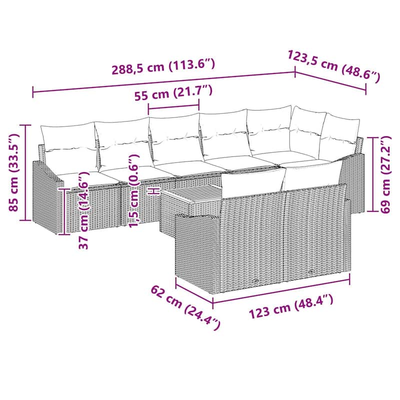 vidaXL 9 Garden Sofa Set with Cushions Black/Grey Poly Rattan - 113.8 x 48.6 x 27.2