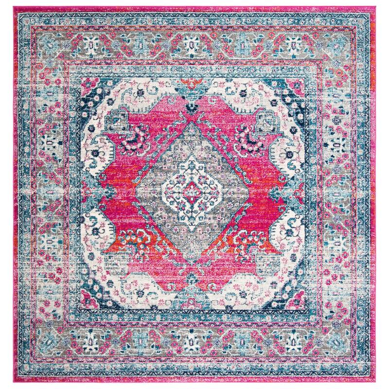 SAFAVIEH, Evoke Seniha Vintage Boho Medallion Rug - 6'7" Square - Fuchsia/Navy