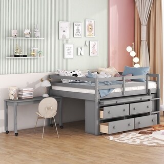 Gray Solid Wood Loft Bed with Retractable Writing Desk and Side Movable Desk, 4 Drawers, Open Shelves