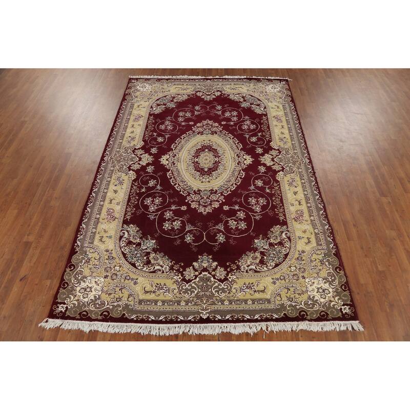 Burgundy Red Aubusson Turkish Rug Machine Made Carpet - 6'7" x 9'9"