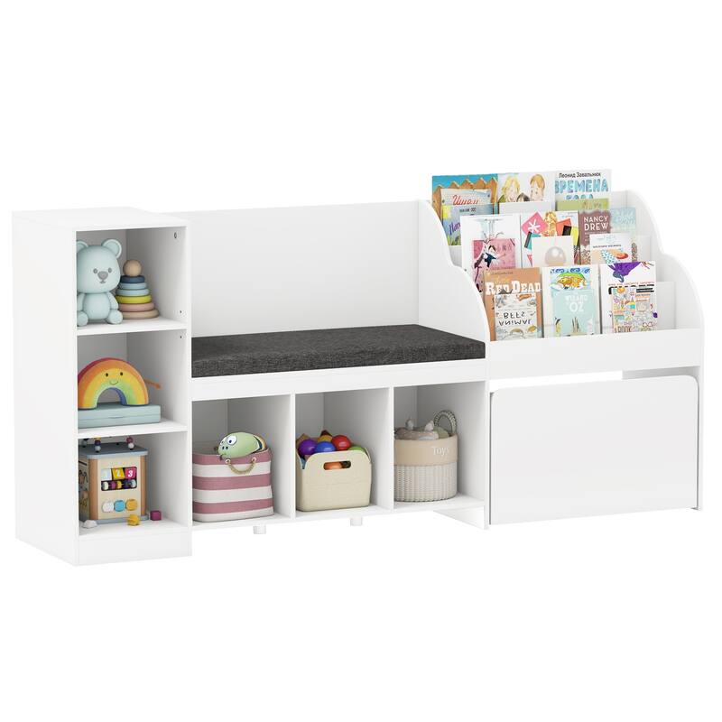 White 3-Tier Adjustable Kids Bookshelf Toy Organizer with Reading Nook and 6 Storage Cubes - 67" x 16" x 32"