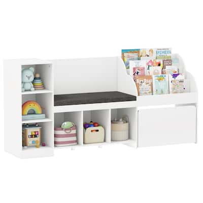 White 3-Tier Adjustable Kids Bookshelf Toy Organizer with Reading Nook and 6 Storage Cubes - 67" x 16" x 32"