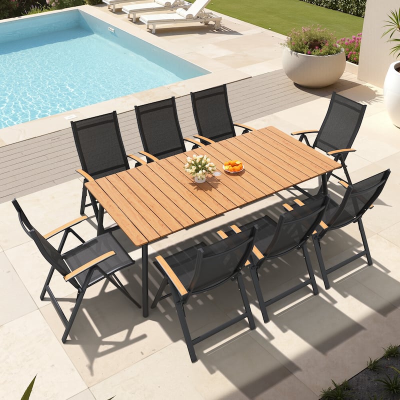 7/9-Piece Outdoor Patio Dining Set Aluminum Rectangular Dining Table and Folding Chairs - Brown Table - Set of 9
