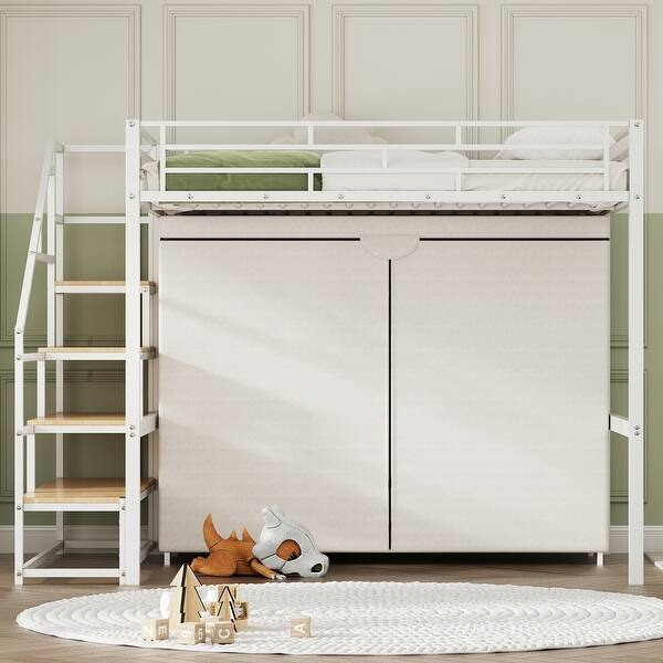 slide 2 of 6, Full Size Loft Bed with Under Bed Wardrobe, Metal Bed with Storage Shelves, Kid's Bed with Sraircase and Guardrail, White White