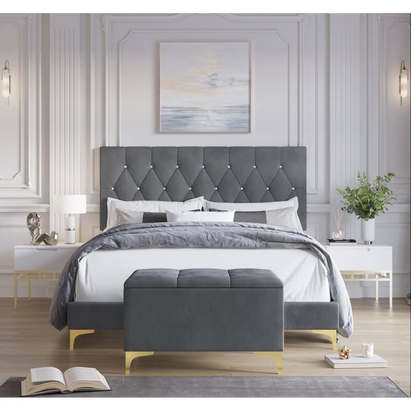 Pierre Upholstered Panel Bed with Storage Bench - Grey - Full