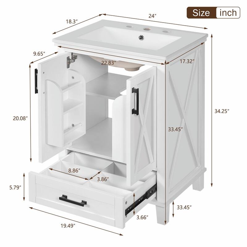30" Bathroom Vanity - Solid Wood Frame, Single Sink, 2 Soft-Close Doors, Divided Drawer & Dual Storage Shelves