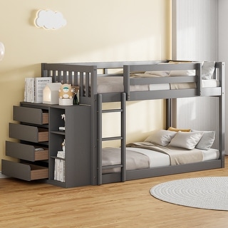 Twin over Twin Floor Bunk Bed with 4 Storage Drawers & 3 Shelves, Wooden Bunk Bed Frame w/Built-in Ladder, Safety Guardrail,Grey