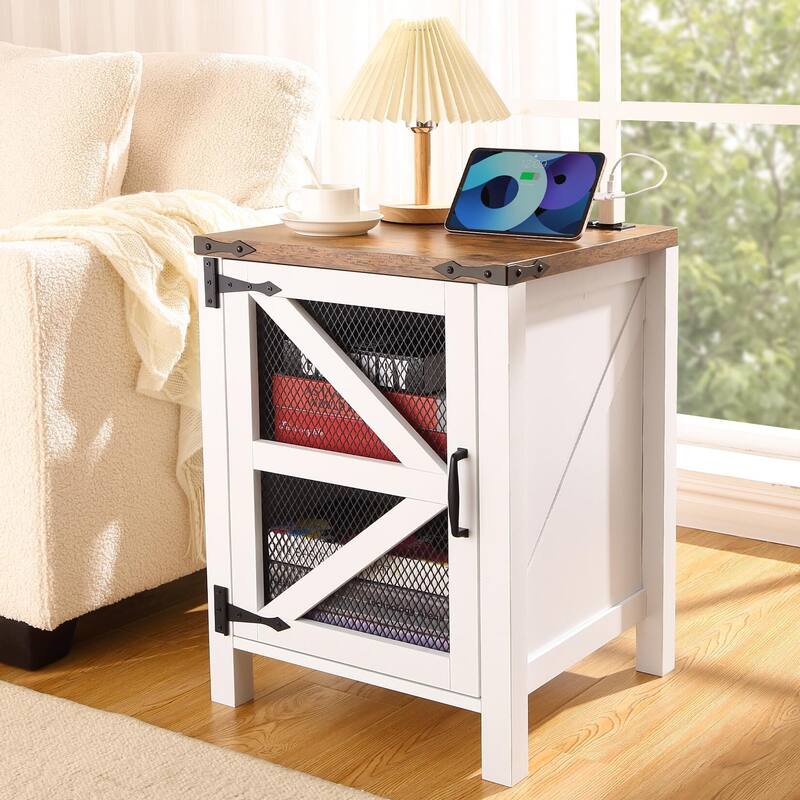 Rustic Nightstand with Charging Station and Storage, Barn Door End Table