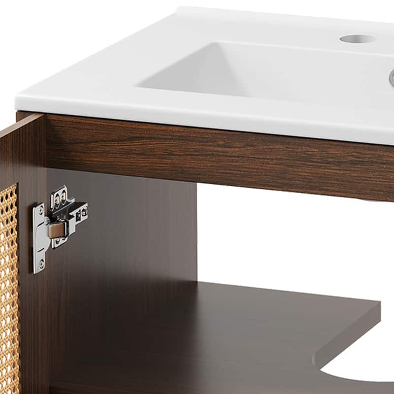 Moasis 24" Bathroom Vanity with Ceramic Sink, Rattan Double Door Cabinet and Drawer, Freestanding Solid Wood Legs