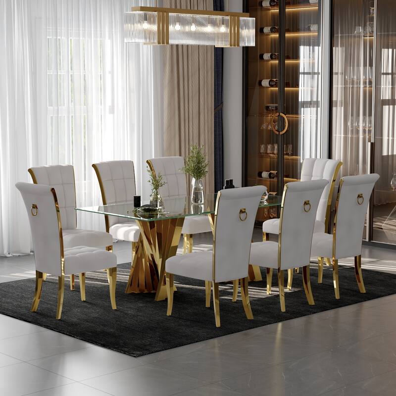 Polished Gold Dining Chairs with White Boucle Upholstery