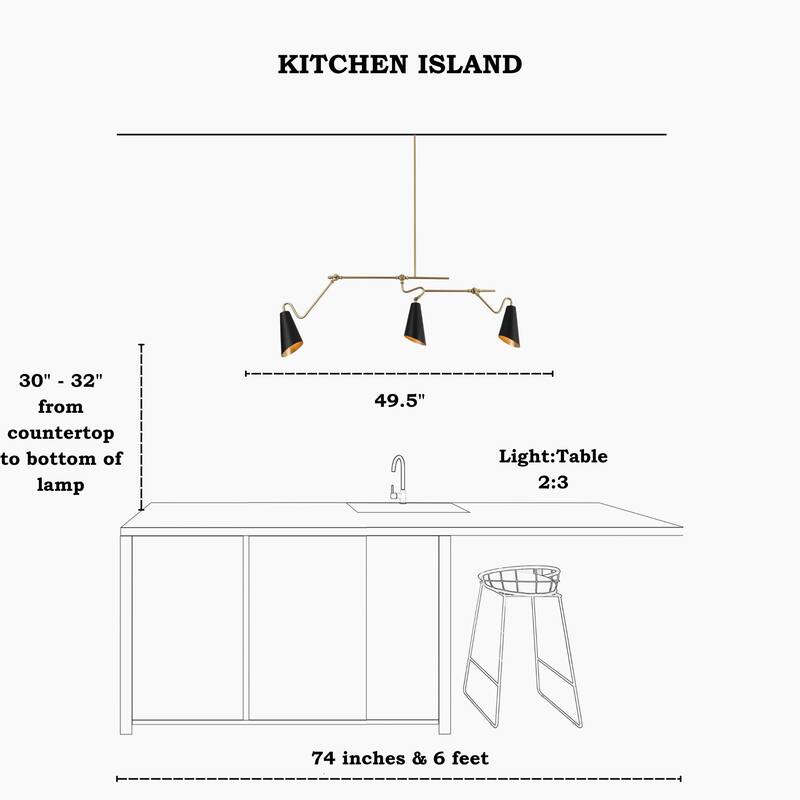 Modern 3-Light 49.5"L Black Gold Linear Chandelier Metal Industrial Island Lights for Dining Room - 49.5 "