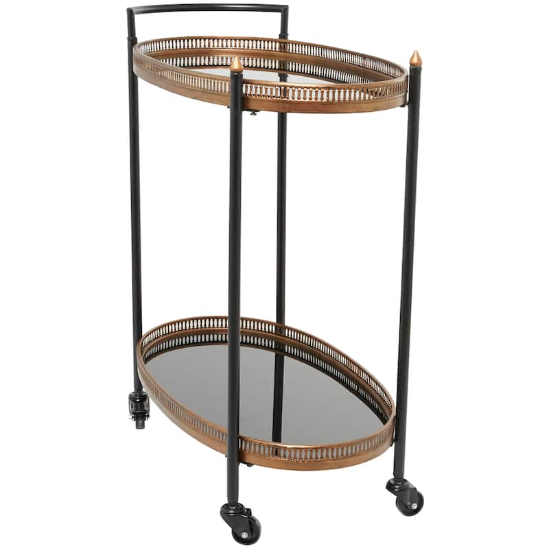 Metal Rolling Oval 2 Shelf Bar Cart with Vintage Inspired Details - Gold or Brass - Roche River Decor