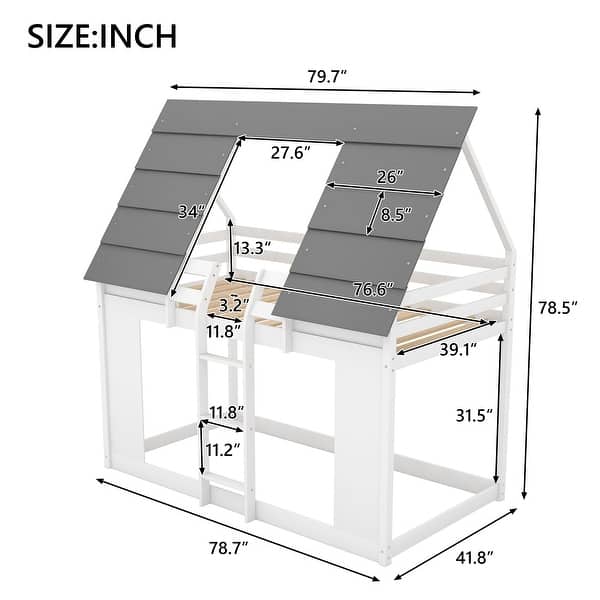 Twin Over Twin House Low Bunk Bed with Roof and Built-in Ladder - Bed ...