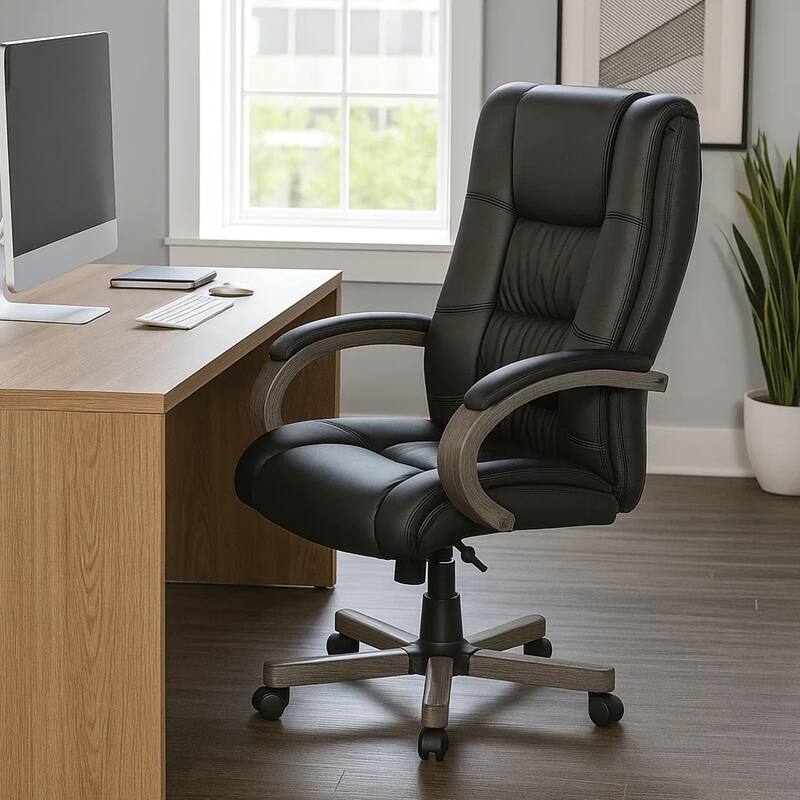 Zoey High-Back Executive Chair, Black Vinyl, Gray Wood Finish