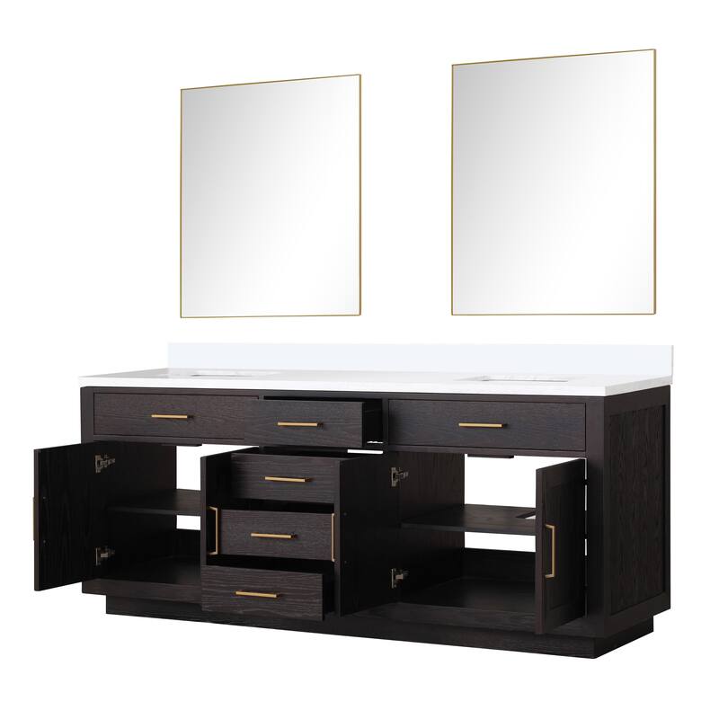 Abbey 60 in W x 22 in D Black Oak Double Bath Vanity, Cultured Marble Top, and 28 in Mirrors