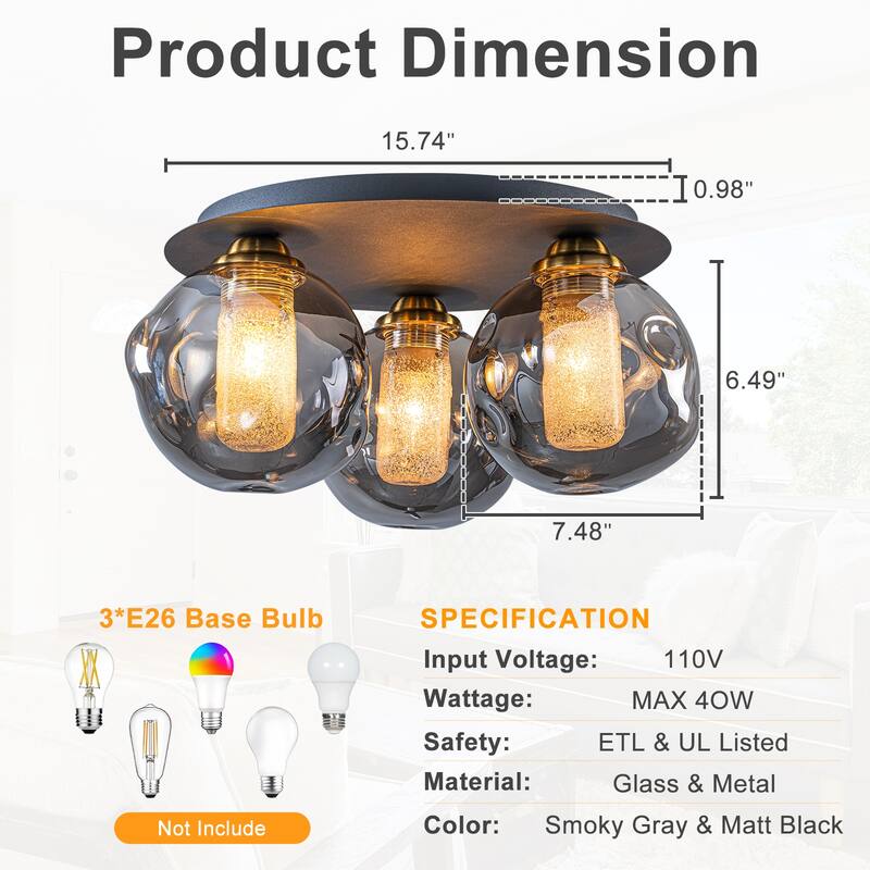 3 Lights Black Flush Mount Ceiling Light with Smoked Glass Shades - Dia.15.74-in