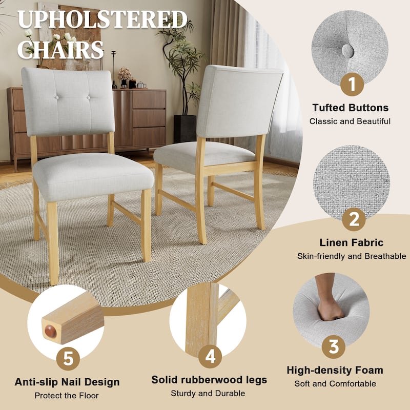 5-Piece Rustic Farmhouse Dining Set, Solid Wood Rectangular Table with 4 Upholstered Chairs for Kitchen & Dining Room