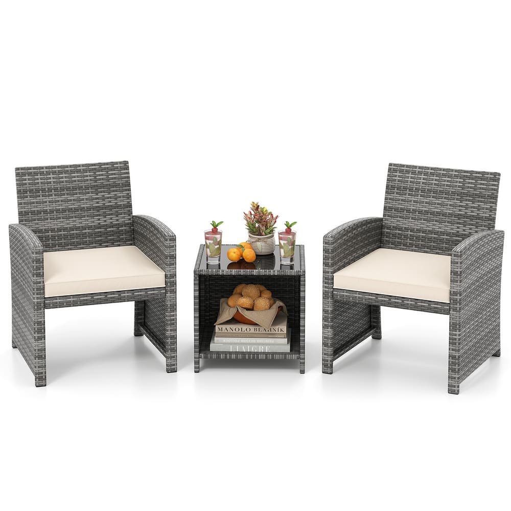 Gymax 3 Pieces Patio Furniture Set PE Rattan Chairs Set w/ Storage