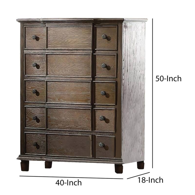 Five Drawer Chest With Round Knobs Side Metal Glide In Weathered Oak Finish