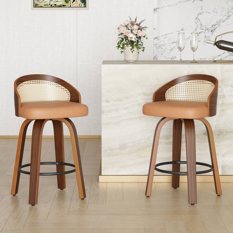 Swivel Bar Stools Set of 2, Modern Wood Frame with Rattan Back, PU Leather Stool for Kitchen Counter, Upholstered Barstools