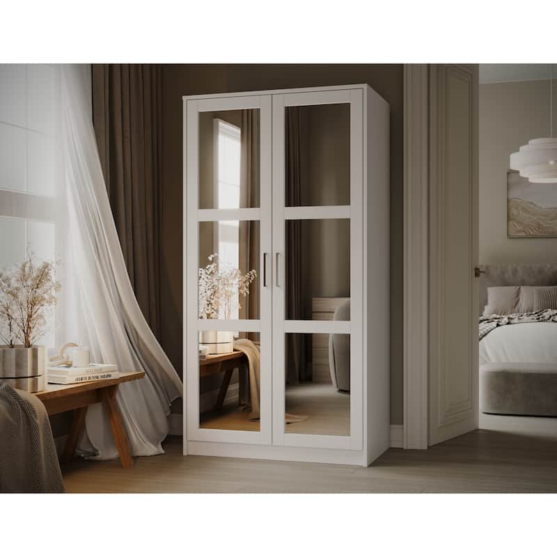 Palace Imports 100% Solid Wood 2-Door Urban Wardrobe Armoire with Solid and Mirrored Doors