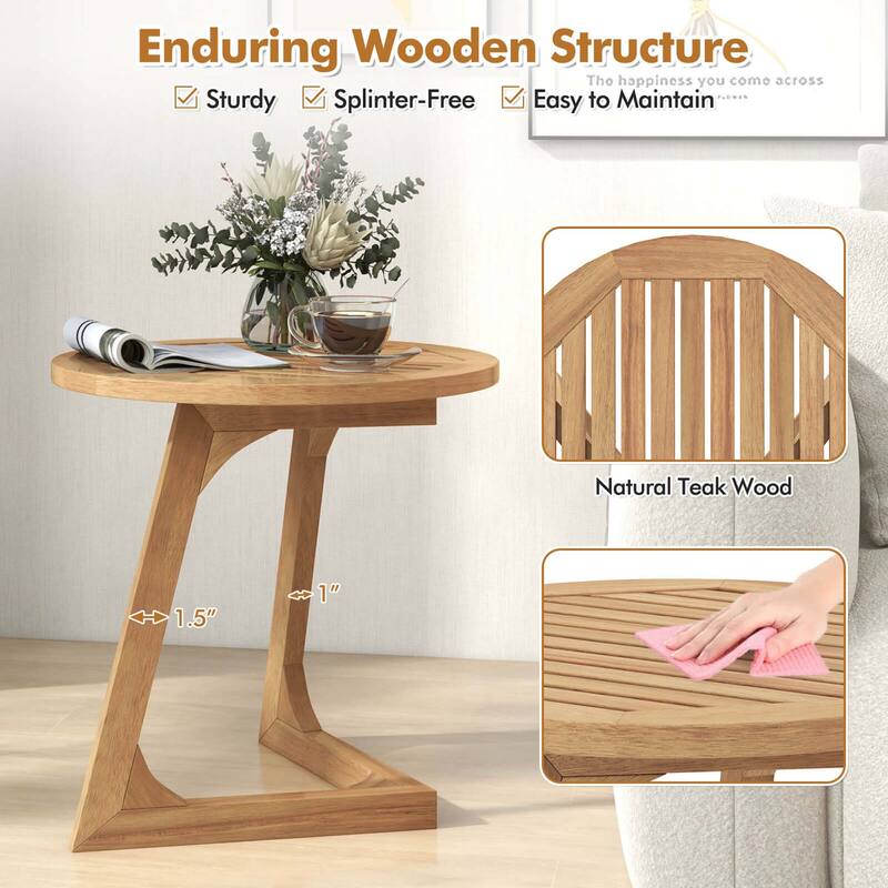 Costway 1/2 PCS Teak Wood Side Table Round Sofa End Table with Slatted