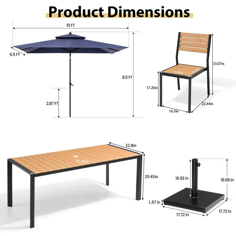 9-Piece Outdoor Patio Dining Set Wood Like Aluminum Umbrella Hole Table with Stackable Chairs, Market Umbrella and Base