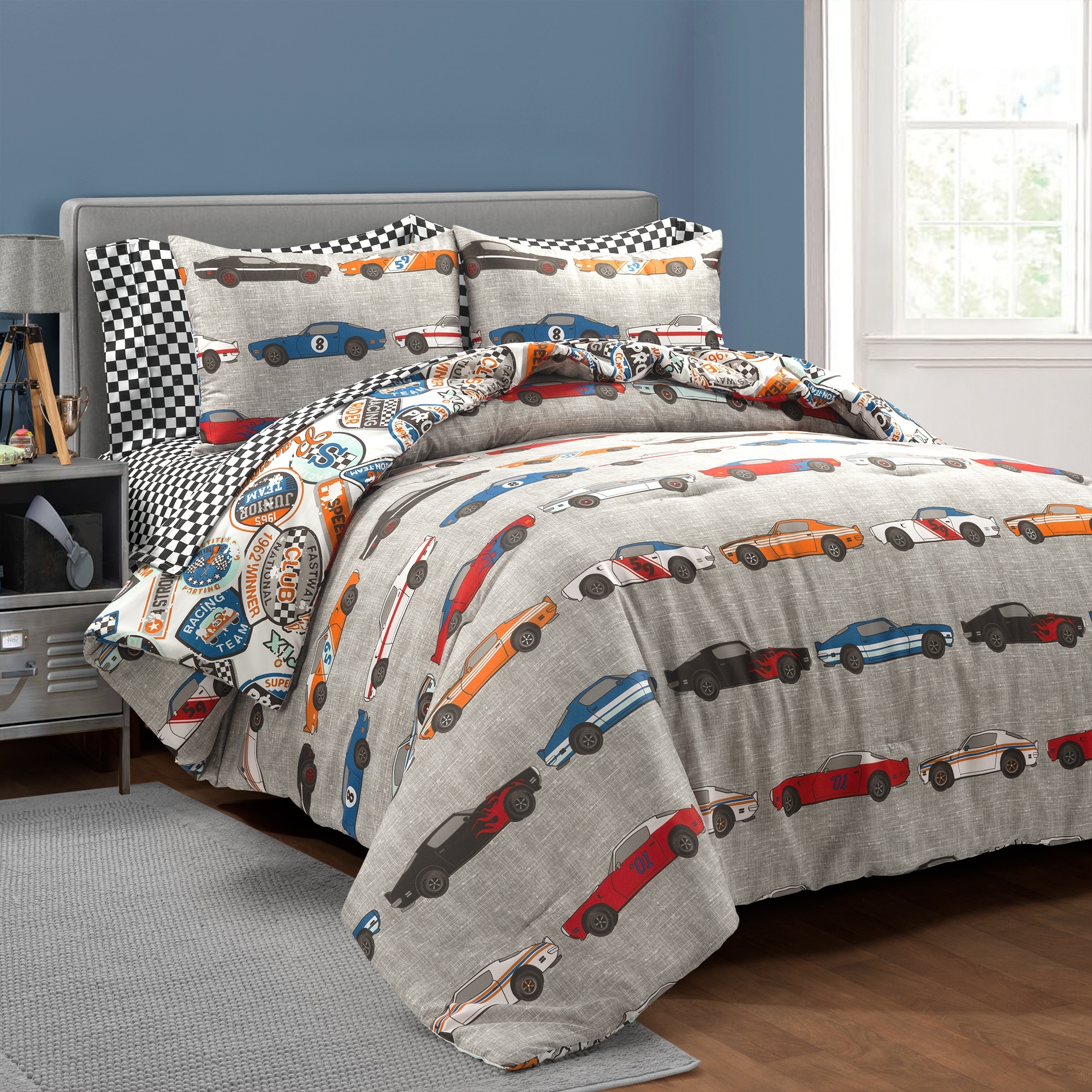 Lush Decor Race Cars Reversible Oversized with Printed Sheet 5 Piece Comforter Set Twin Blue Orange