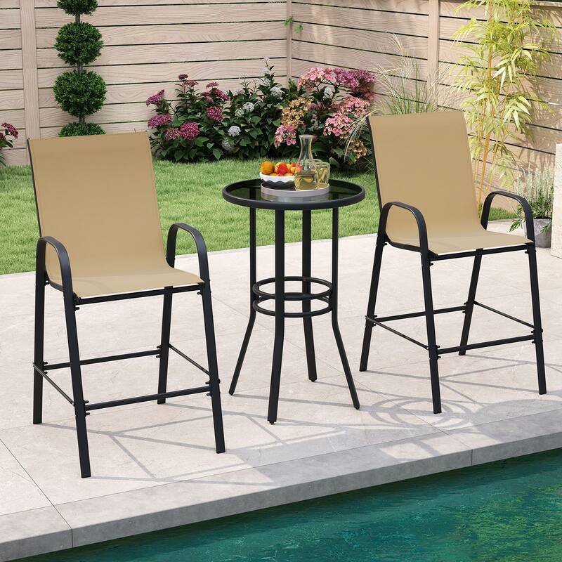 29" Outdoor Bar Stools Set 2 Fabric High Back Chairs with Metal Frame for Decks and Porches - 24.5" x 30" x 51"