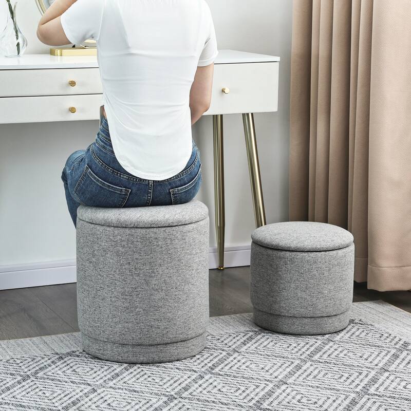 Adeco 2-Piece Round Fabric Storage Ottoman Set with Removable Lids