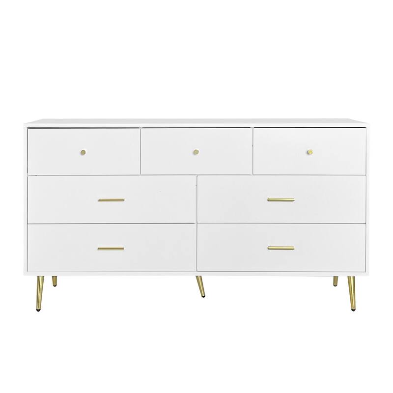Seven Drawers Large Chest of Drawer Cabinet with Golden Handle and Golden Legs - Matte White - 7-drawer