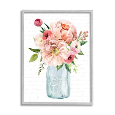 Stupell Pink Peony Flowers Jar Arrangement Script Pattern Framed Wall Art, Design by Lettered and Lined