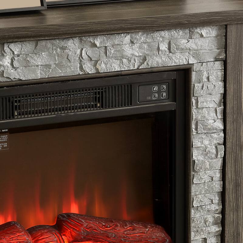 GDFStudio Thatch Wood 70" TV Stand with Faux Stacked Stone Fireplace and 2 Door Storage