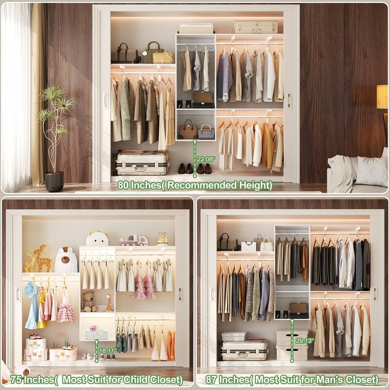 96'' Hanging Closet System with 3 Hanging Rod ＆ 3 Shelving Towers ＆ 2 Drawers,8FT Walk in Closet Organizer System