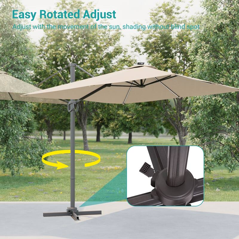 BONOSUKI Solar-powered 10x8ft Cantilever Patio Umbrella, Ultimate Outdoor Comfort with 360° Rotation and Canopy Angle Adjustment