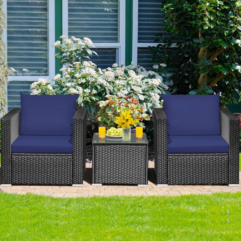 Gymax 3PCS Rattan Patio Conversation Furniture Set Outdoor w/ Navy - See Details - Black+Navy - See Details