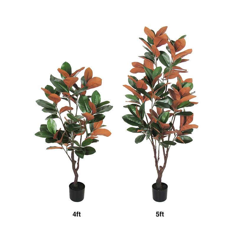 4ft Green Brown Artificial Magnolia Leaf Tree Plant in Black Pot - 48" H x 25" W x 25" DP