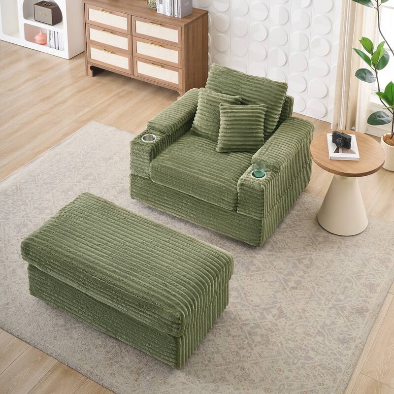 57 Inch Corduroy Single Sofa with Ottoman Sleeper Sofa Lounge Sofa