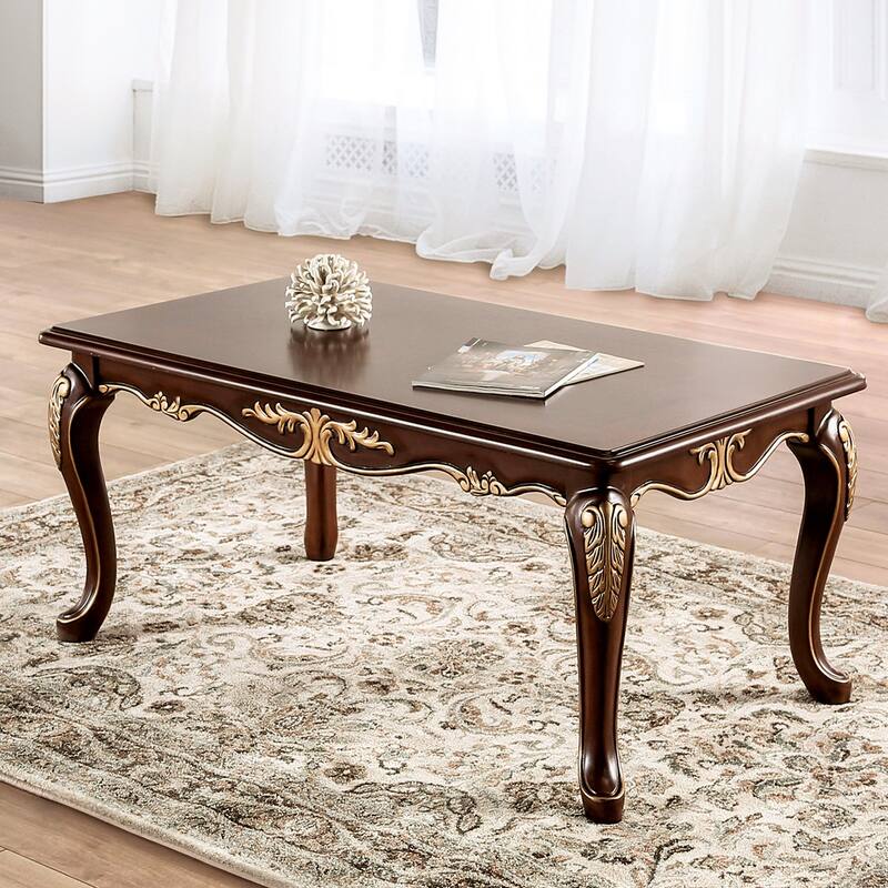 Wooden Coffee Table with Carved Details in Rich Tobacco