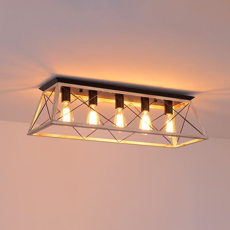 Rustic 5-Light Rectangular Cage Flush Semi Flush Mount - 31.5in - Light Brown