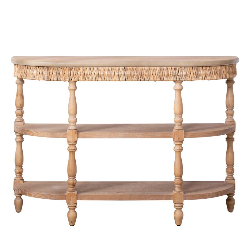 49" Wood Console Table with Hand-Woven Trim, 3-Tier Storage Shelves, with Carved Legs, Rustic Coastal Farmhouse Accent Table