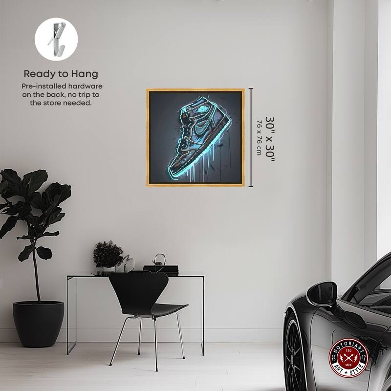 Notoriart Blue Glow Sneaker Framed Sneaker 1 Piece Canvas Wall Art