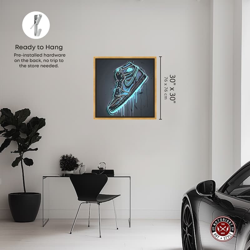 Notoriart Blue Glow Sneaker Framed Sneaker 1 Piece Canvas Wall Art