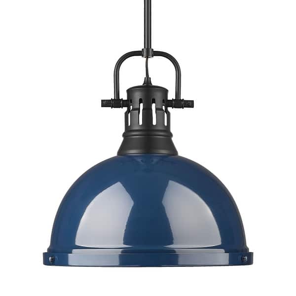 slide 2 of 2, Yep by Golden Lighting Duncan 1-light 14in Rod Hung Pendant in Matte Black and Navy Blue shade