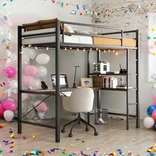 Brown+Black Led Loft Bed with Desk and Outlets and Shelves,Twin Size for Kids