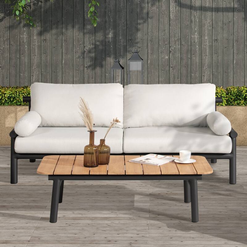 Zara 73.5" Aluminum Black Dowel Deep Seating Patio Loveseat with Cushions - Wheat Beige Axroma Olefin