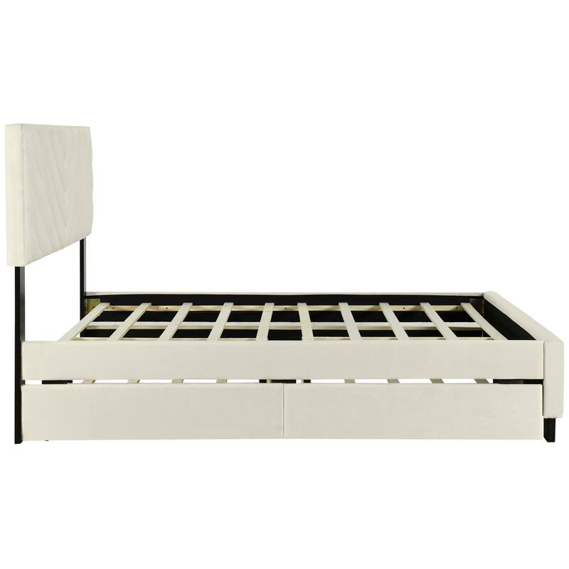 Twill Upholstered Bed with Twin Trundle & Drawers, Queen Size, Beige